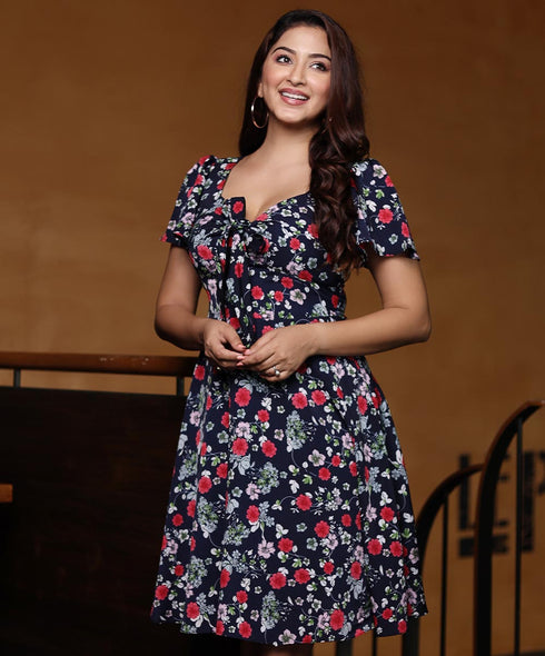 Front Tie Printed Flutter Sleeved Dress